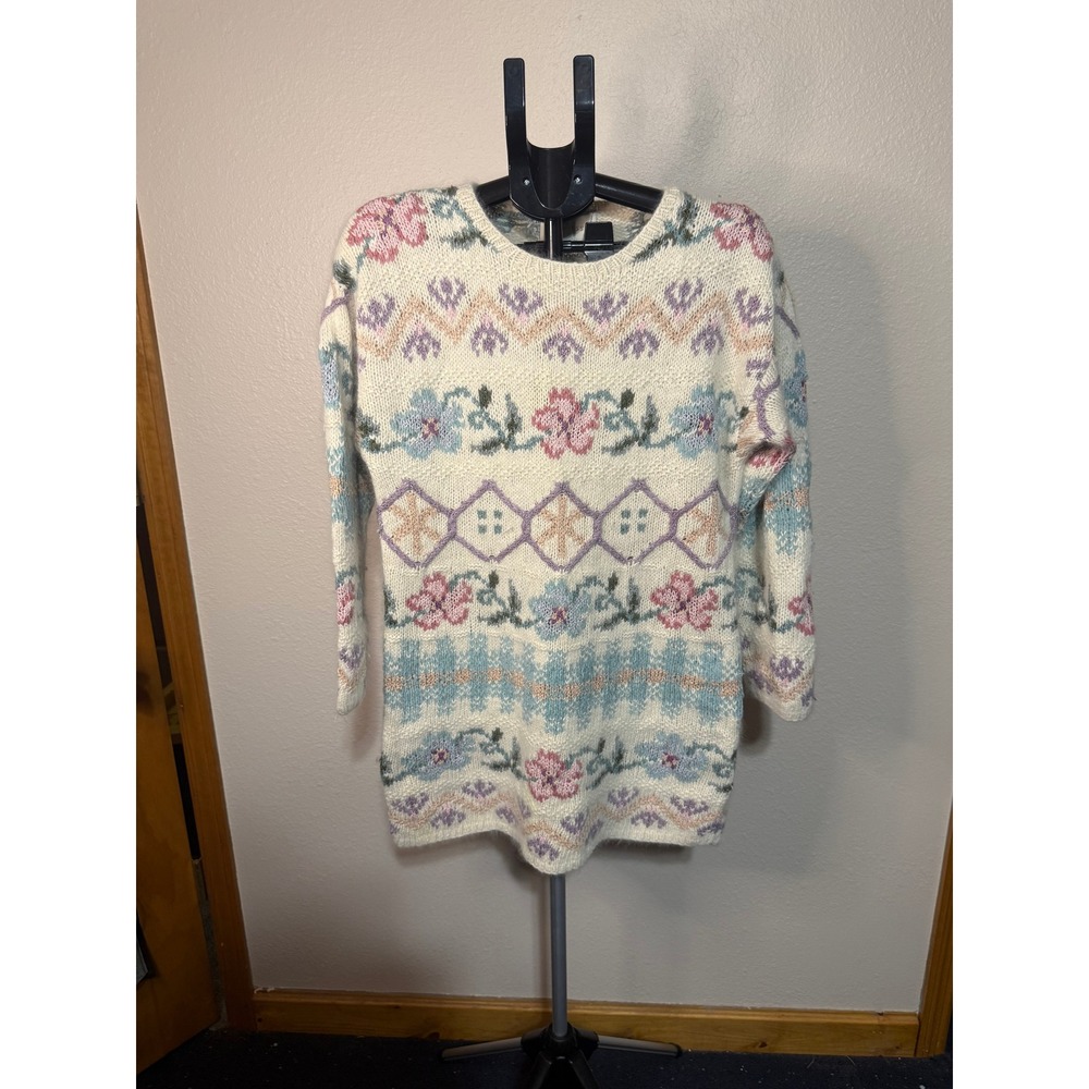 Express Tricot Hand Knitted Silk Angora Floral Sweater Vintage‎ Pastel XS
